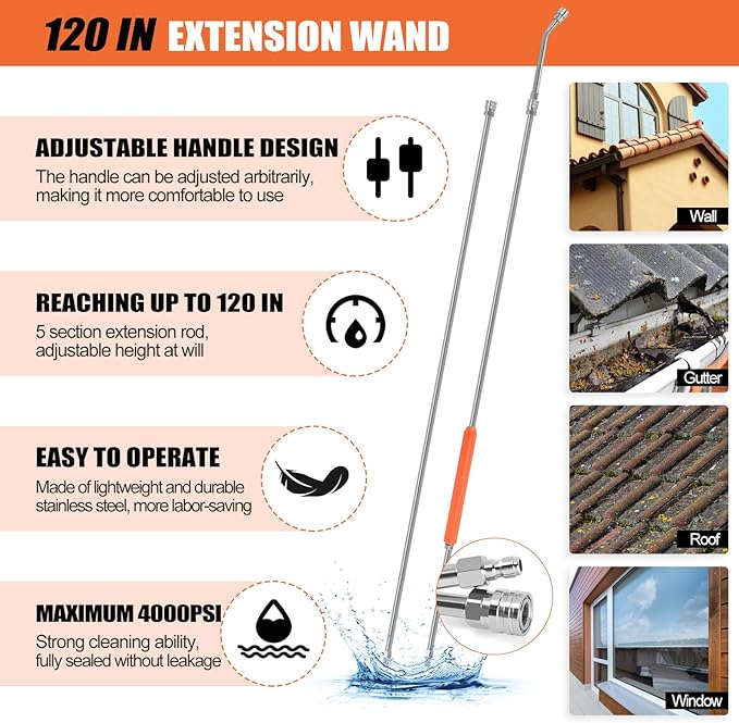 120" Gutter Cleaning Tools From the Ground, Pressure Washer Extension Wand with 5 Power Washer Nozzle Tips Replacement Pressure Washer Lance Wand with 30°/90°/120°Gutter Cleaner Attachment Curved Rods