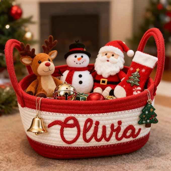 Custom Christmas Gift Basket with Name Personalized Woven Baby Shower Basket for Newborn Holiday Cotton Rope Storage Basket for Toy Diaper Caddy