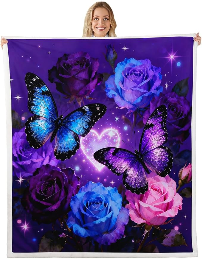 Feelyou Girls Butterfly Fleece Throw Blanket Throw 50"x60" Kids Dreamy Purple Butterflies Sherpa Blanket Plush Fuzzy for Bed Couch Chair Living Room, Rose Flower Bed Blanket Room Decor