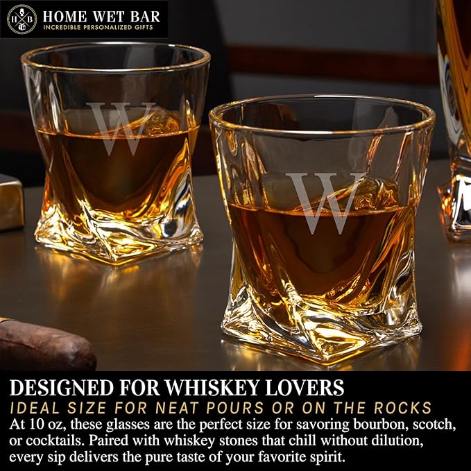 Personalized Whiskey Glasses – Custom Engraved Twist Whiskey Glass Set & Display Case with Whisky Stones by Home Wet Bar