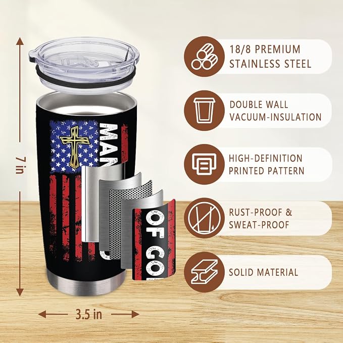 Christian Gifts, 20oz Stainless Steel Man of God Tumblers with Straw, Pastor Gift for Thanksgiving Christmas, Catholic Religious Inspirational Pastor Bible Gift, Christian Tumbler, 1 PCS