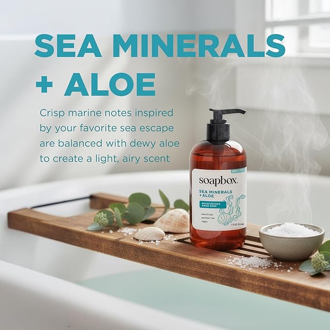 Soapbox Liquid Hand Soap, Sea Minerals & Aloe - Gentle & Moisturizing Hand Wash for Kitchen and Bathroom, Vegan & Cruelty Free Scented Hand Soap 12 Ounce Pump Bottles (Pack of 3)