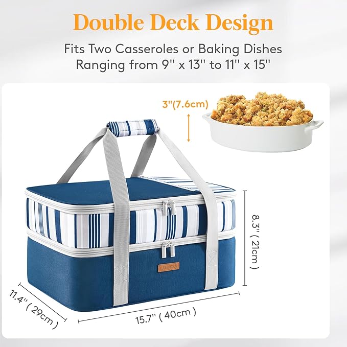 LUNCIA Insulated Double Decker Casserole Carrier, Lasagna Lugger Tote Keeps Food Hot or Cold, Thermal Lunch Bag for Potluck Parties, Picnic and Cookouts, Fits 9" x 13" Baking Dish, Blue