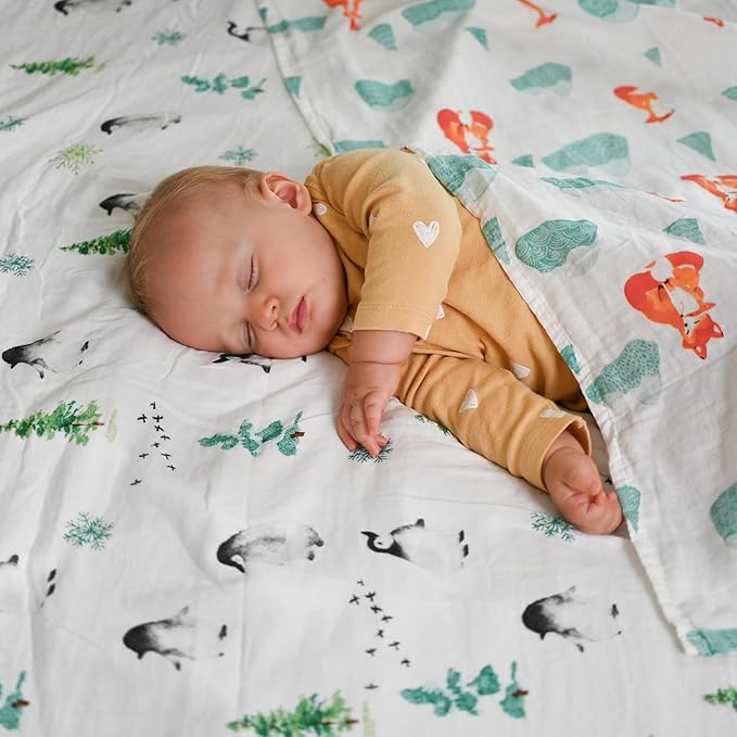 Muslin Swaddle Blankets for Boys & Girls, Receiving Baby Blanket for Newborns, Large 47 x 47 Inches, Soft Breathable Baby Swaddles, Fox & Penguin