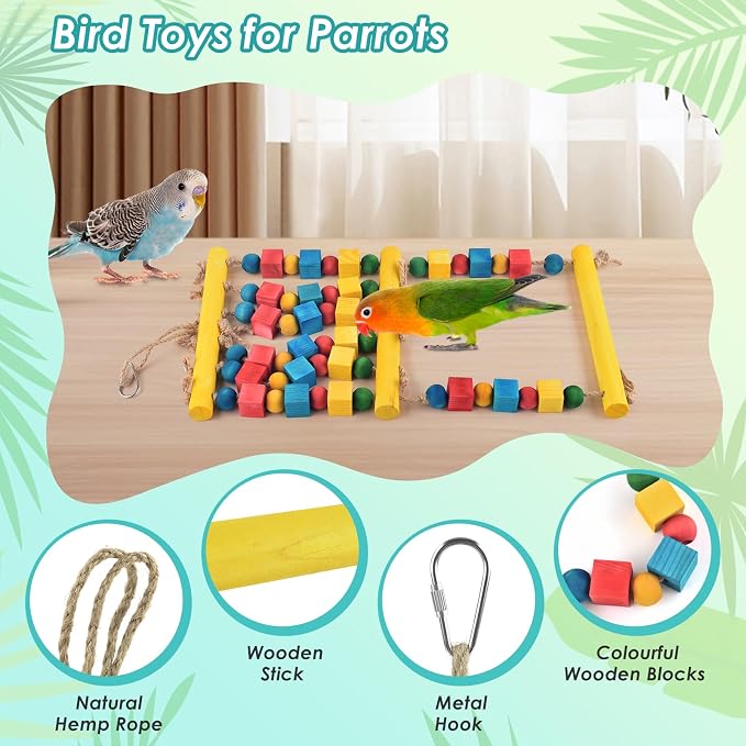 DBNESS Bird Toys, Parrot Chew Swing Toy with Perches Stand, Hanging Colorful Wood Block Bird Cage Accessories for Small to Medium Quaker African Grey Budgie Cockatiels Amazon Parrots