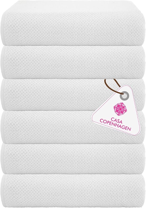 CASA COPENHAGEN Popcorn Textured 6 Pieces Small Bath Towel Set - White, 24" x 48", 550 GSM 6 Bath Towel Rough & Tough Use Cotton Towels Gift Set for Bathroom