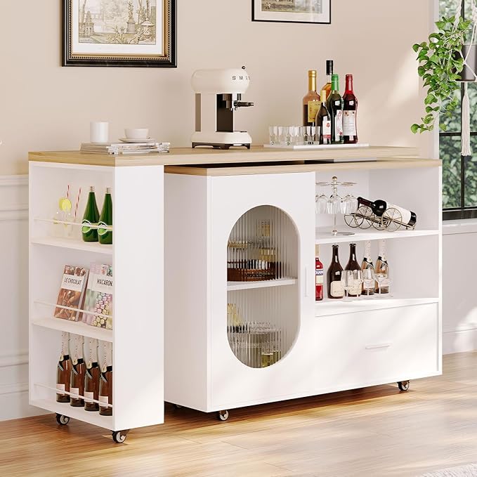 HSH 72.4” Rolling Kitchen Island with Swivel Table, Storage Cabinet, Drawers & Shelves, White Modern Mobile Island Cart on Wheels, Farmhouse Wood Island Table for Kitchen, Dining Room, Home Bar