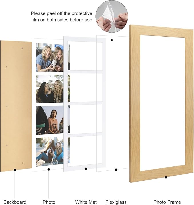 8x21 Picture Frame Display 4 opening 5x7 Collage Picture Frame,Multi Photo Frame with Mat,Plexiglass,Horizontal and Vertical Formats for Wall Decor,Natural Wood Grain