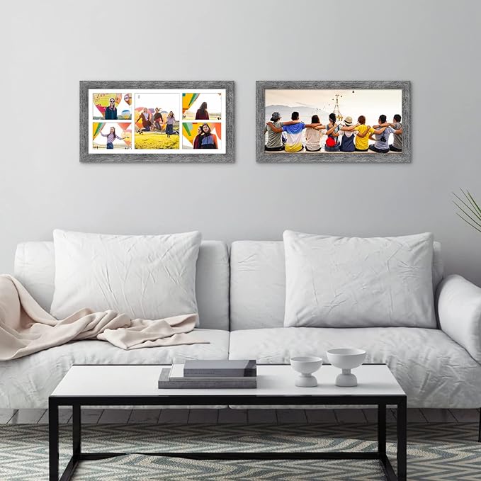 11x23 Picture Frame Display 5 opening 5x7 and 8x10 Picture Frame Collage,Multi Photo Frame with Mat,Plexiglass,Horizontal and Vertical Formats for Wall Decor,Grey Wood Grain