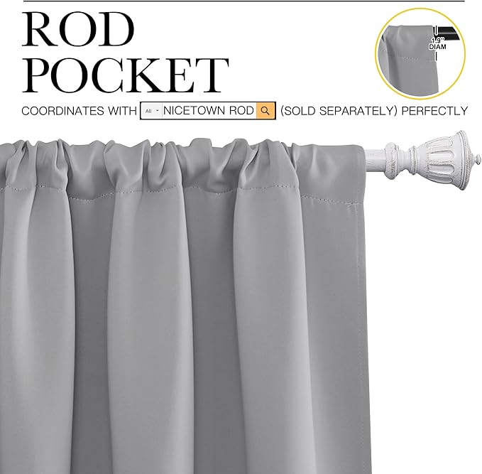 NICETOWN Blackout Curtain Panels for Bedroom - Thermal Insulated Rod Pocket Blackout Drapes/Draperies for Play Kids Room (2 Panels, W52 x L72 inches, Silver Grey)
