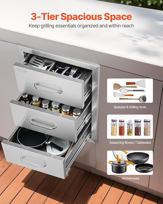VEVOR Outdoor Kitchen Drawer 16" W x 21.5" H x 18" D, Outdoor Kitchen Cabinets, BBQ Drawer Stainless Steel, Flush Mount Triple Access, with Handle, BBQ Island, Outdoor Grill Patio Grill Station