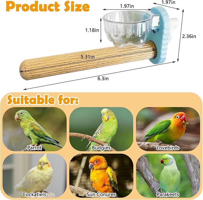 Kathson 3Pcs Bird Perch Feeding Cup Natural Wood Perches with Removable Bird Feeder for Cage Parrot Stand for Parakeets, Budgies, Cockatiels,Parrots, Birds Chewing Stick (Blue)