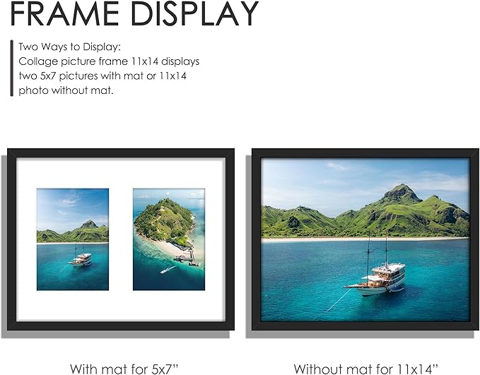 11x14 Picture Frame, 5x7 Collage Picture Frame, Displays Two 5x7 inch Photos, or 11x14 (Without Mat) Available for Wall Mount or Table Top Horizontal and Vertical Display, Black.