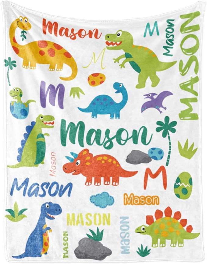 Custom Dinosaur Blanket with Name for Boys, Personalized Name Blanket for Kids Dino, Soft Flannel Dinosaur Customized Gift for Birthday Christmas Baby Shower Children Day 40"x50"