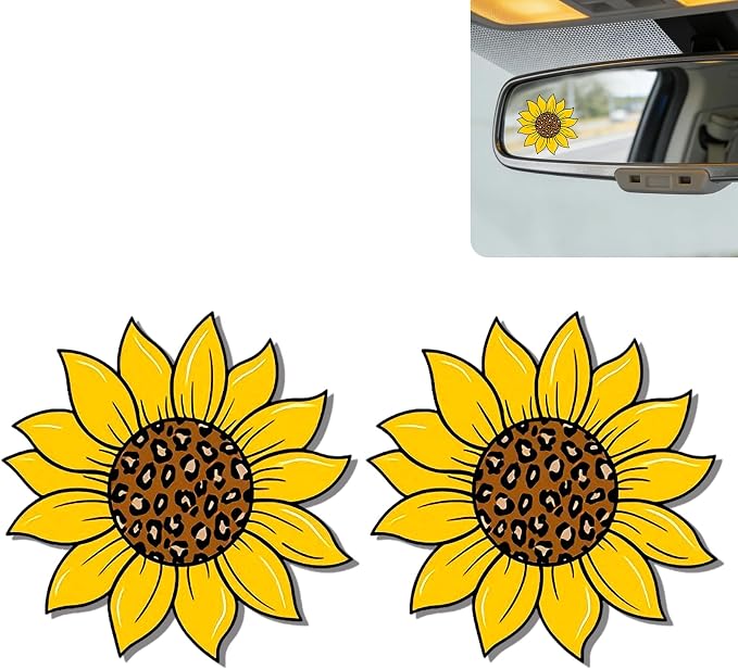 2Pcs Sunflower Rear View Mirror Sticker Waterproof Vinyl Car Window Decal | Sunflowers Car Accessories, Cute "Moo-tivational" Auto Decals Decor, Sunflower Gifts for Women Men Flower Lovers