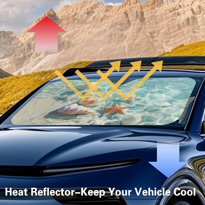 Seashell Starfish Car Windshield Sun Shade Foldable Car Windshield Sunshades Car Front Window Covers for Cars Interior Accessories Universal for Most Sedan Truck SUV