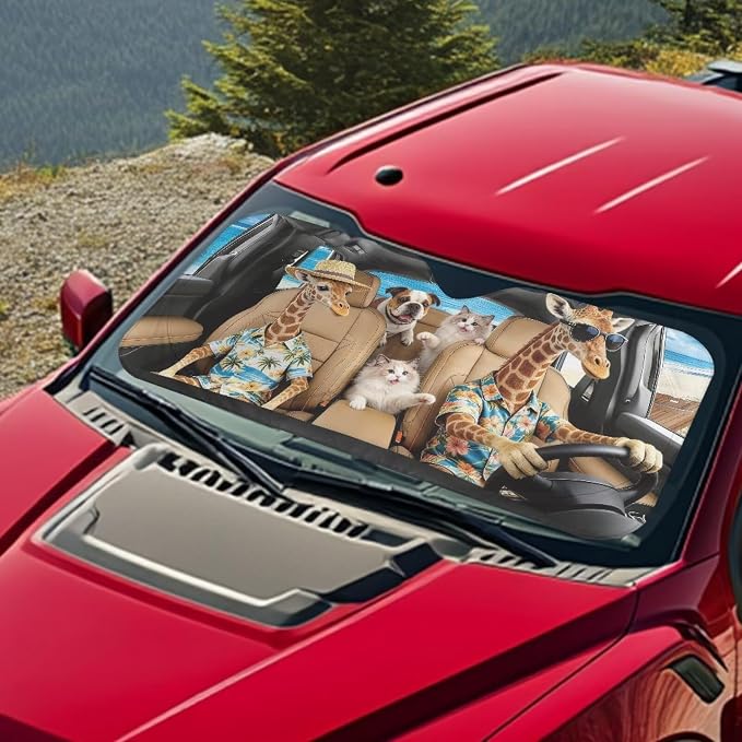 Cute Giraffe Windshield Sun Shade Foldable Hawaiian Vehicle Windshield Protecion for Front Window Reflector Sunshade Offers Protection for Car Interior Universal Fit for Most Cars SUV