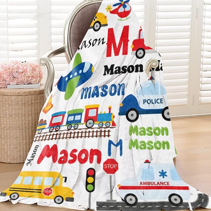 Personalized Blanket with Name for Boys, Custom Name Blanket City Car Transport, Soft Flannel Teen Blankets Customized Gift for Birthday Christmas-50x60in