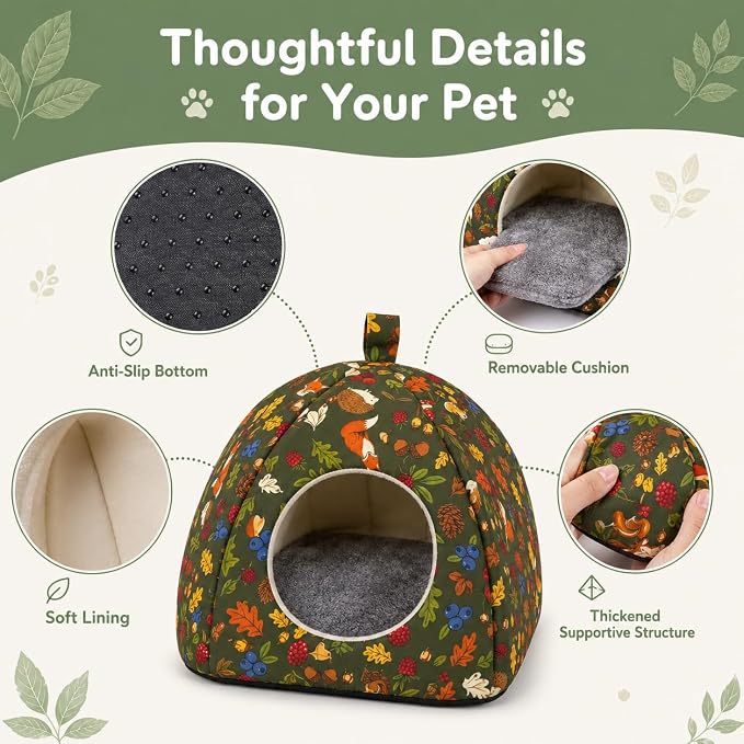 Guinea Pig Hideout Tunnel Set, 2 Pack Washable Small Animal Bed with Removable Cushion, Hamster Hideout Play Tunnel Toys for Guinea Pigs, Hamsters, Hedgehogs, Ferrets, Green Forest