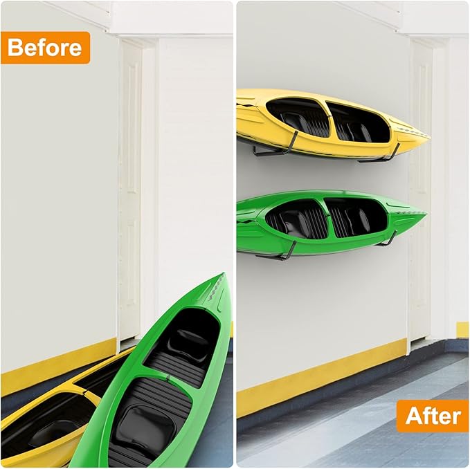 WALMANN Lightweight Kayak Storage Rack, Wall Mount Kayak Hooks for Garage Utility Storage Hangers for Canoe, Surfboard, Skiis, Snowboard, Paddle Board, Ladders