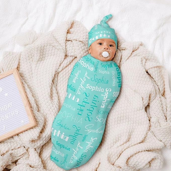 Personalized Baby Swaddle Blanket for Boys Girls Name Lettering Mint Green Custom Name Receiving Soft Blanket with Cap for Newborn Soft Sleeping Sack