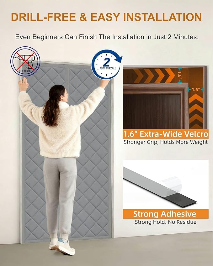 Magnetic Thermal Insulated Door Curtain 34''x82''-Fits 32''x80'' Door Opening, Cotton-Filled Weatherproof Oxford, Thermal Curtain for Winter, Keep Cold Out, Drill-Free & Easy Install, Grey