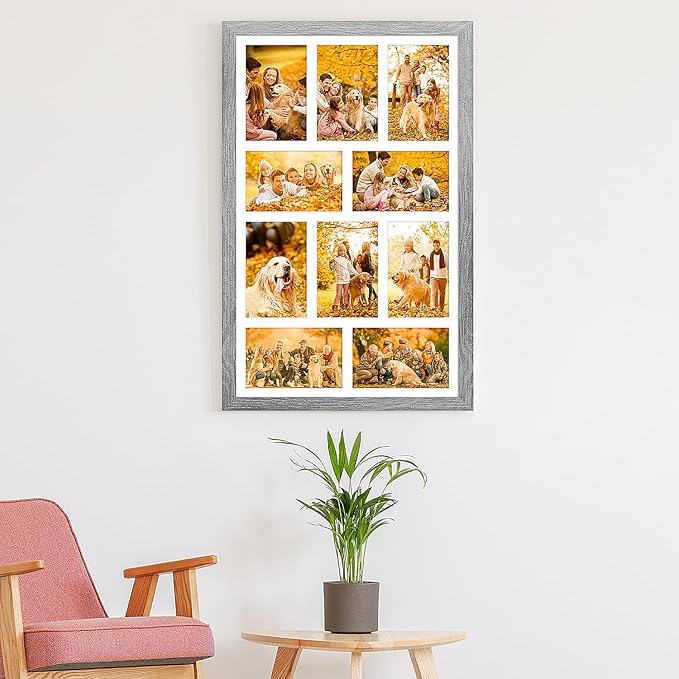13x21 Collage frame with 10 Openings 4X6 Pictures, Multiple Picture Frame with Mat, Wall or Tabletop Decor, Grey Wood Grain,2 Pack