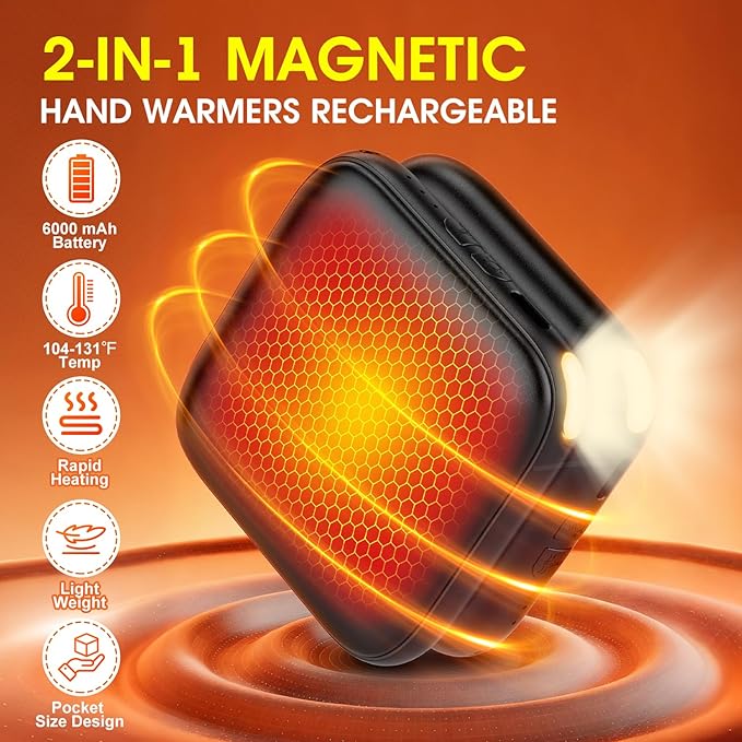 Hand Warmers Rechargeable 2 Pack - 6000mAh 3-Temp Fast Heating Electric Hand Warmers with LED Light, UL Certified Portable Pocket Heater, Hunting Essentials, Gifts for Christmas Men Women Teens