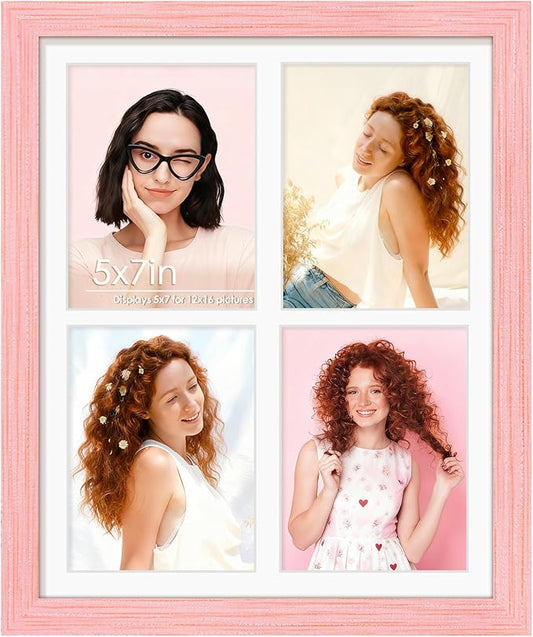 12x16 Picture Frame 5x7 Collage Picture Frame Displays Four 5x7 inch Photos or 12x16 (Without Mat) for Available Horizontal Wall Mounting Display and Vertical Pink