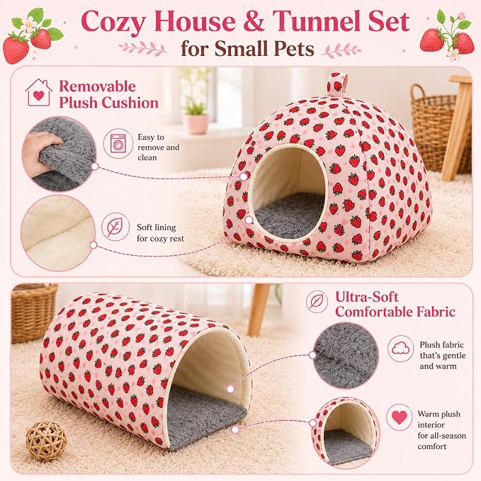 Guinea Pig Hideout Tunnel Set, 2 Pack Washable Small Animal Bed with Removable Cushion, Hamster Hideout Play Tunnel Toys for Guinea Pigs, Hamsters, Hedgehogs, Ferrets, Pink Strawberry