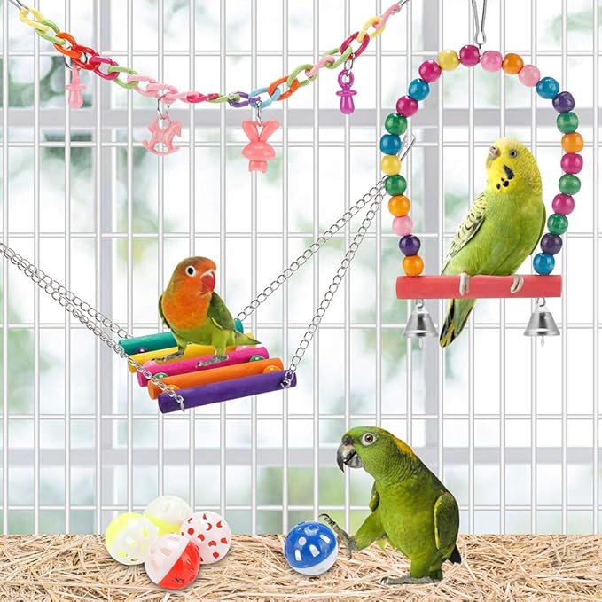 Bird Parakeet Toys - Swing Hanging Standing Chewing Hammock Climbing Ladder Bird Cage Colorful Toys Suitable for Budgerigar, Parakeet, Conure, Cockatiel, Mynah, Love Birds, Finches