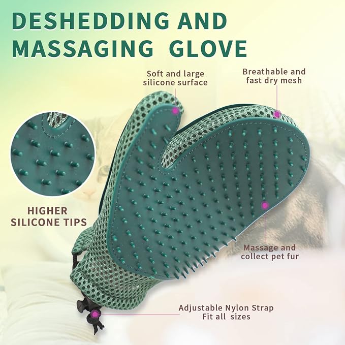 2 in 1 Cat Fur Glove & Pet Hair Remover Glove, Dog Grooming Glove Brush for Shedding, Massage, Efficient Pet Hair Remover Mitt for Cleaner Couch, Carpet [Blue/Single]