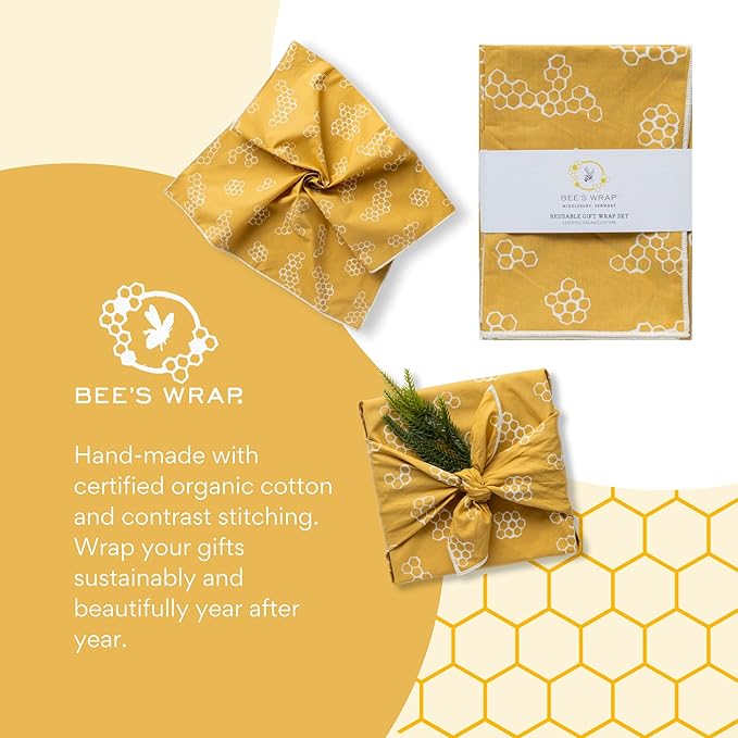 Bee's Wrap Furoshiki Reusable Cotton Fabric Wrapping Paper - Mustard Honeycomb Pack of 4 Gift Wraps - Gift Wrapping Supplies - Eco Friendly Alternative to Bags and Paper Rolls