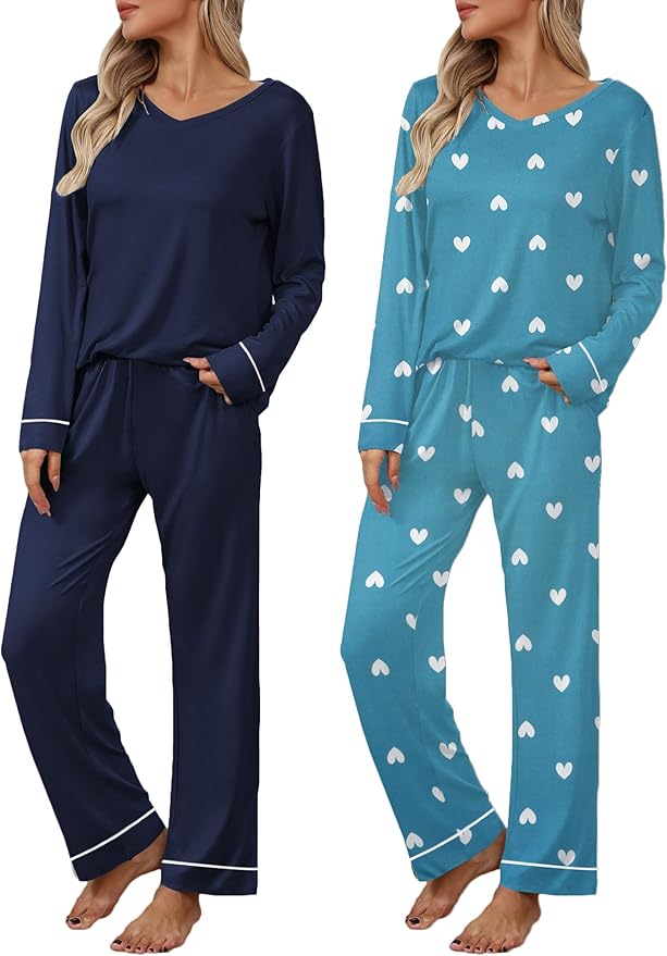 Ekouaer Womens 2 Pack Pajama Set Long Sleeve Pajamas Top and Pants V Neck Pjs Set Soft Loungewear with Pockets