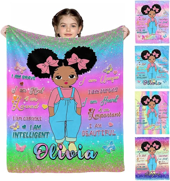 D-Story Custom Blanket with Name Text, Customized Flannel Throws Blankets Personalized Blanket Black Girl Blanket for Adults Kids Birthday Day Gift