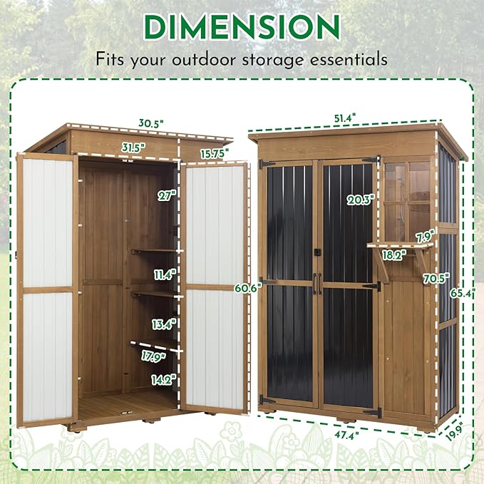 Ketive Outdoor Storage Cabinet, Large Wood & Metal Garden Shed with Foldable Table, Weather-Resistant Asphalt Roof, Lockable Doors & Adjustable Feet for Patio, Backyard, or Garage (47"L x 20"W x 70"H)