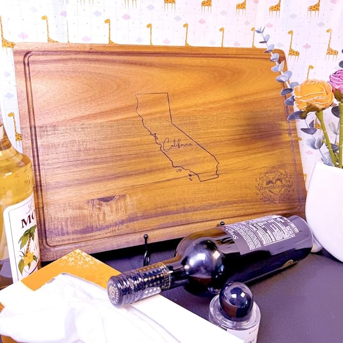Personalized state-shaped and named date platters, carved wooden cutting boards, custom cheese boards as Mother's Day, wedding, housewarming gifts (Acacia decurrens S11.6X7.7X0.5in)