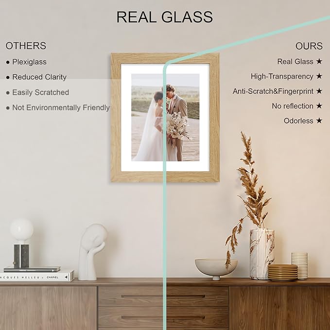 9x11 Picture Frame Set of 4, Made of Real Glass and Natural Oak Frame - Display Picture 7x9 with Mat or 9x11 Without Mat, 9 by 11 Photo for Wall or Tabletop