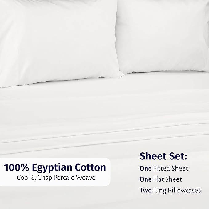 California Design Den King Size Sheets Set - Certified 100% Egyptian Cotton Sheets King Bed Sheet Set with Deep Pockets, Lightweight & Crisp Percale, Cool & Durable Luxury Bedding - Ivory