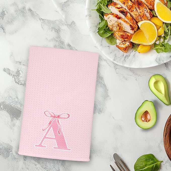 Monogrammed Initial A Hand Towels for Bathroom, Personalized Gifts for Women Girls Birthday Christmas, Coquette Preppy Pink Bows Waffle Kitchen Dish Tea Towels with Initial, 16x24 Inch