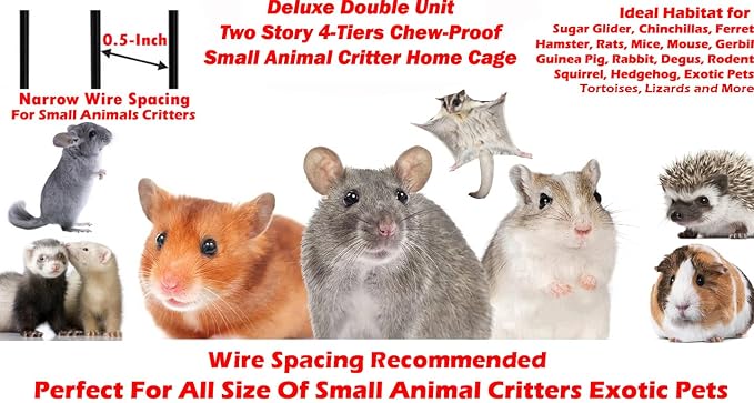 Deluxe Double Unit Two Full Story Durable Front Doors Tight 1/2-inch Wire Spacing Chew-Free Small Animal Critter Home Cage Water Bottle Food Bowl for Feisty Ferret Hammock Rat Mice On Wheels