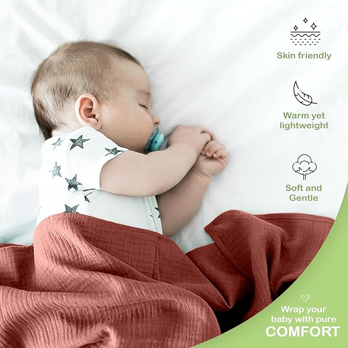 Organic Cotton Muslin Baby Blanket - 47x47 Inch Breathable Swaddle, Hypoallergenic Double-Layer, Versatile Use (Rust/Ivory, 47x47 Inch)