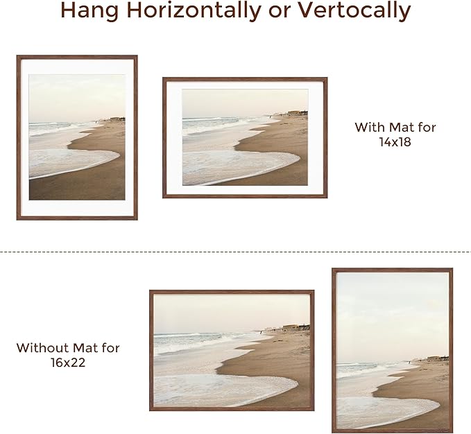 Fun Memories Walnut Solid Oak Wood Frame - 16x22 with Real Glass, Matted to 14x18, Wall Mountable (1 Pack)