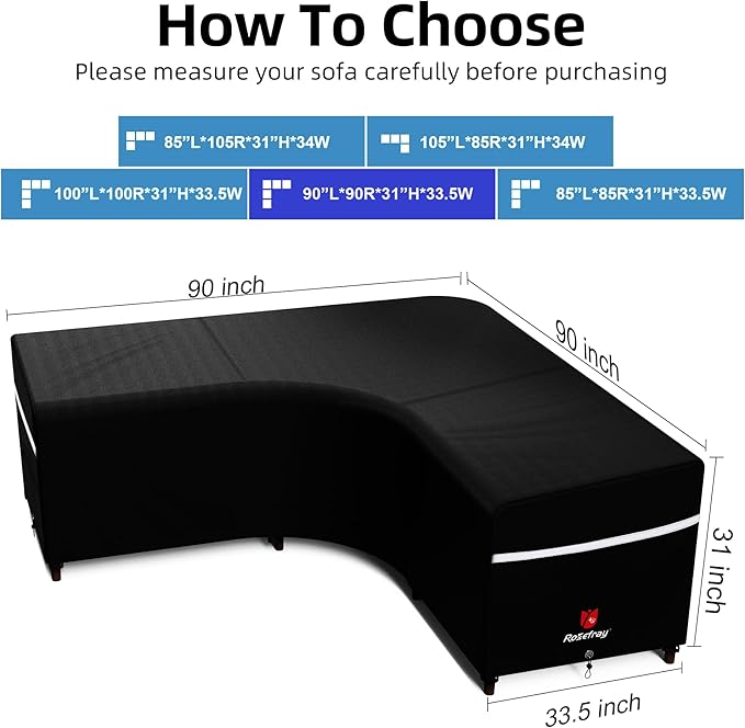 Rosefray Outdoor V-Shaped Sectional Cover-600D Patio Sectional Sofa Cover, Waterproof Furniture Covers for Deck, Lawn，Backyard 90”x90”Black