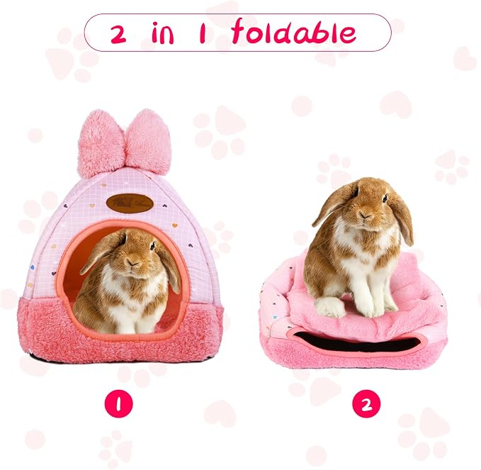 Bunny Bed Hideouts House Ferrets Rats Hedgehogs Chinchilla Cage Accessory for Rabbit Guinea Pig Hamster Cozy and Warm Rabbit Bed with Cute Bowknot Rabbits Hamster Bunny (Pink)