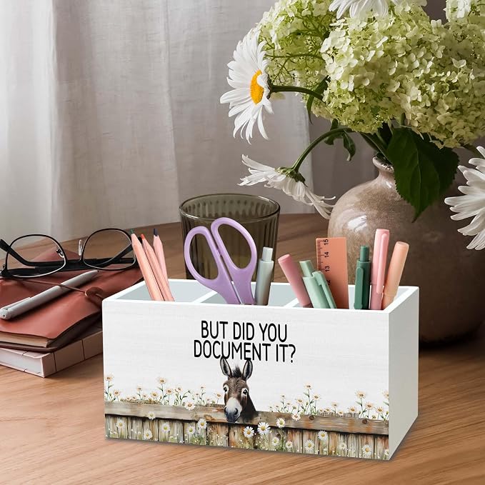 DILSJ Inspirational Donkey Pen Pencil Holder Organizer for Desk, Donkey Gifts for Women, But Did You Document It Wooden Box Signs for Home Office Desk Tabletop Decoration