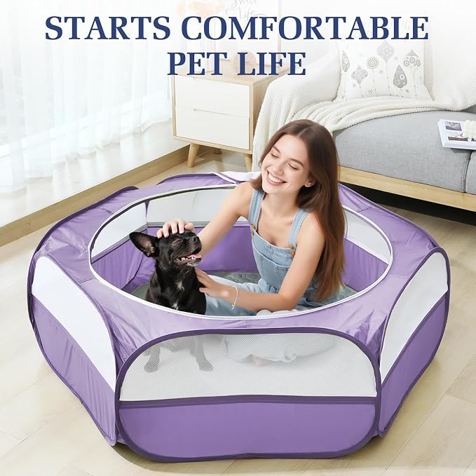 Pawaboo 2-in-1 Small Animals Playpen with Pad, Purple+Gray | Waterproof, Reusable Pad, Portable Outdoor Yard Fence with 3 Metal Rod, For Chick/Kitten/Guinea Pig/Rabbits/Chinchillas