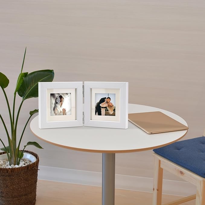 Double Hinged 4x4 Picture Frame with Real Glass-Tabletop or Wall Mounted, Display for 3x3 & 4x4 Photos (with/without Mat)-Matte White, For Family Photos & Wedding Memories-B44X2