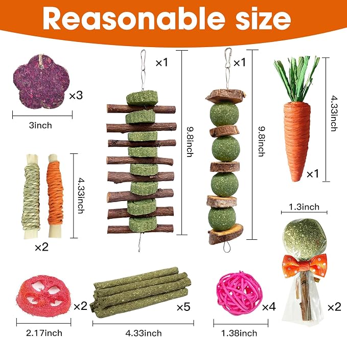 Jorewood 21 Pcs Rabbit Chew Toys for Teeth, Natural Bunny Toys Peach Wood Grass Timothy Sticks Chew and Treat for Guinea Pigs Hamster Chinchillas and Other Small Pets