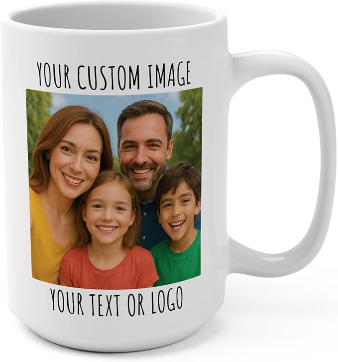 Personalized Coffee Mug with Image Text Logo - Custom Gift for Anniversary Birthday Friends Office Tea Cup 15oz White (White, 15oz)